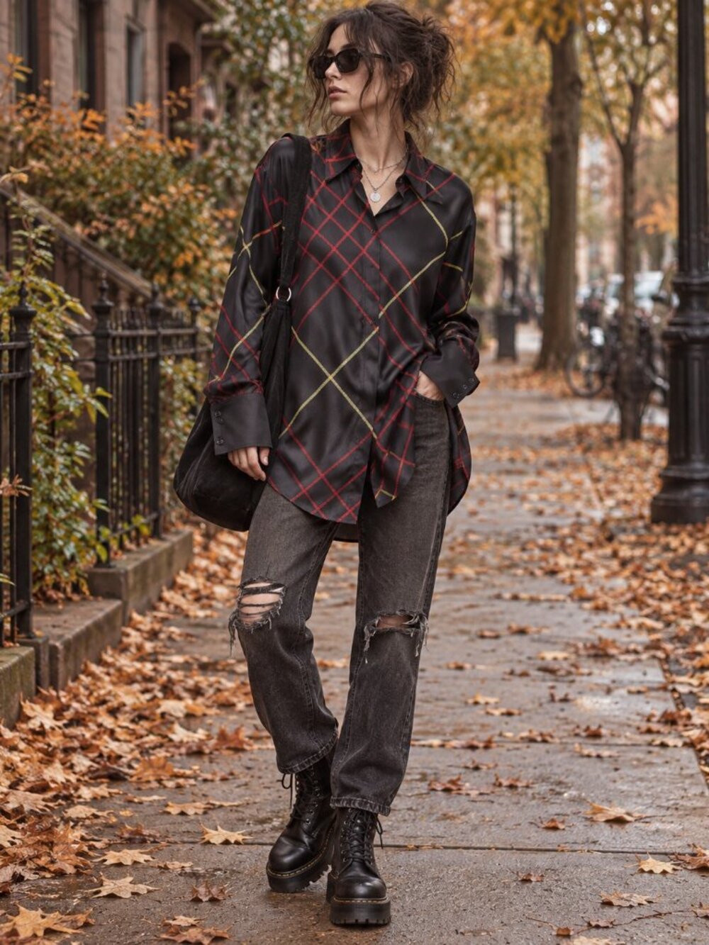 NWOT Rag & Bone Edith 100% Silk Satin Windowpane Plaid Button Blouse Black Red M